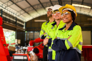 Grupo de ingenieros industriales sonriendo con ropa reflectante y cascos de seguridad en una fábrica.